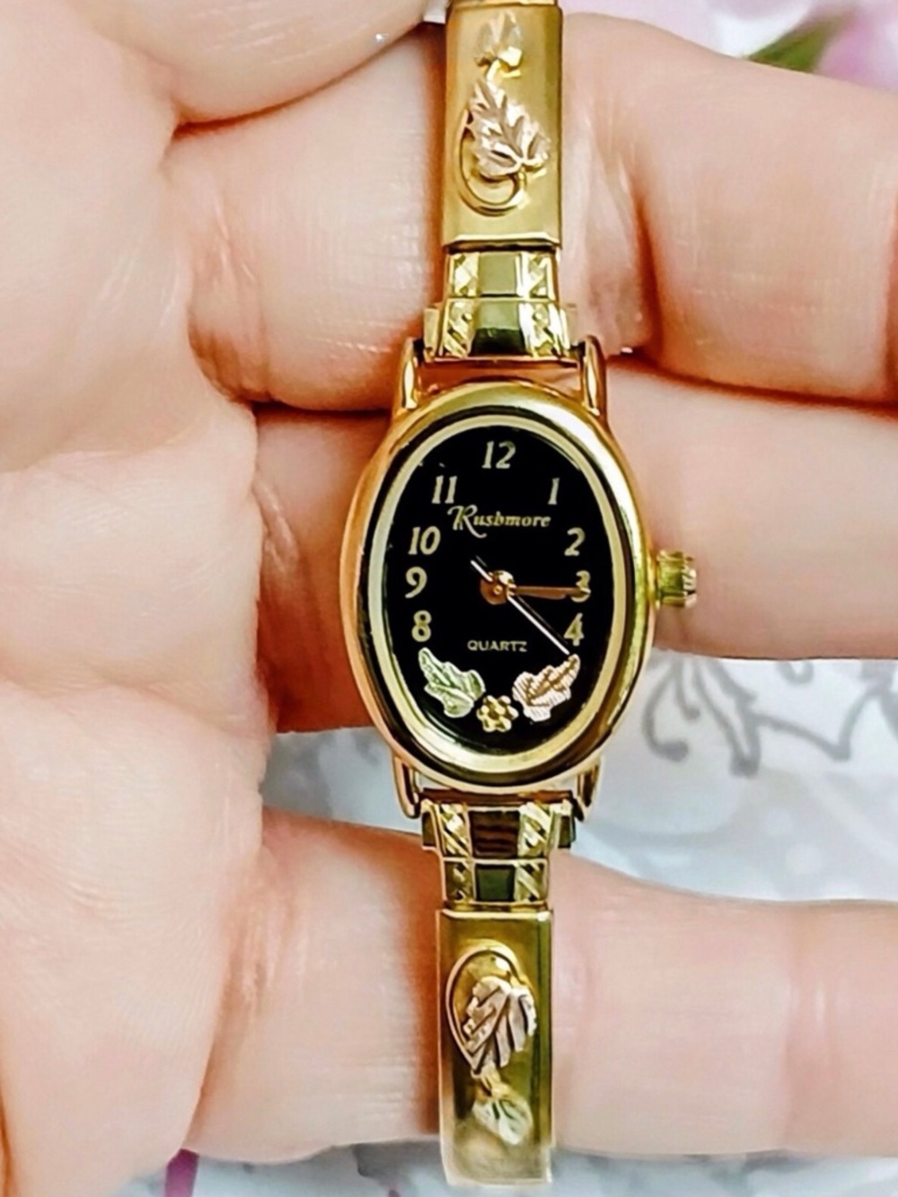 Gold-Tone Women's Oval Watch with Black Dial